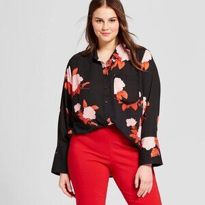 WHO WHAT WEAR Black/Red/Pink Floral Button Long Sleeve Button Down Shirt Sz M